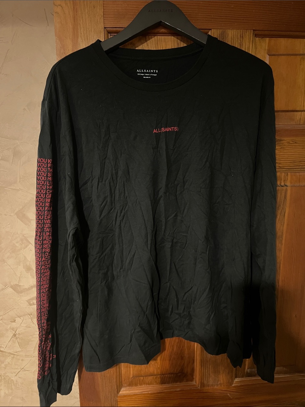 All Saints Black Long-Sleeve Tee with Red Sleeve Print